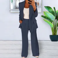 Women’s Sets Two 2 Pieces Sale Casual Pocket Single Button Blazer Jackets& High Elastic Waist OL Workwear Wide Leg Pant Suits
