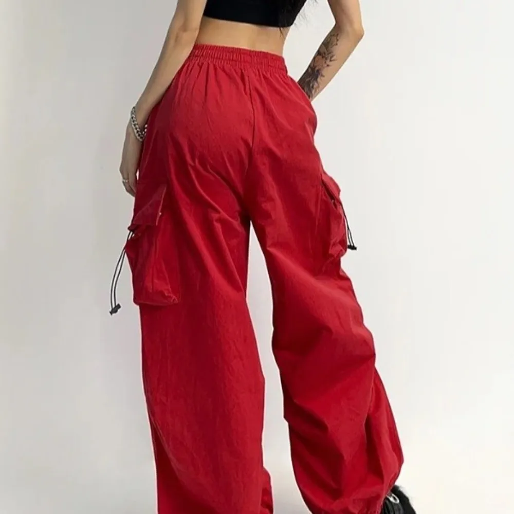 Elasticated Waist Women Drawstring Pants Long Trousers Hip Hop Wide Leg Pants Multi-pockets Black Red Women's Harem Pants