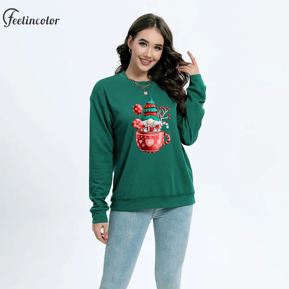 Green Red Woman Christmas Sweatshirts Santa Claus Print Pullover Holiday Xmas Party Outfit Long Sleeve Casual Streetwear Clothes