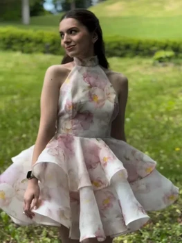 Mini abito elegante con volant stampato alla caviglia Abiti slim fit a vita alta senza maniche senza schienale alla moda Festa estiva femminile chic