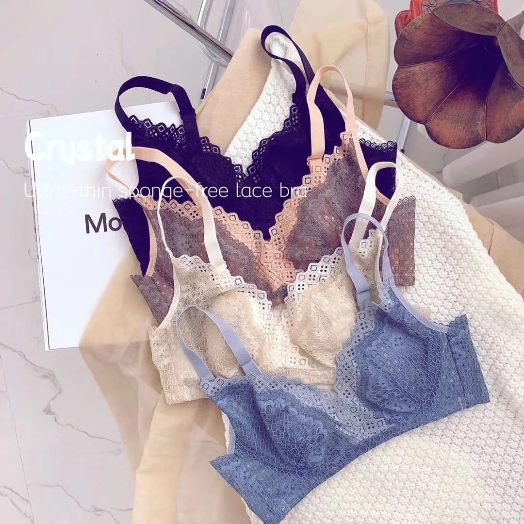 

2023 SummerHigh-end Crystal Cup Ultra-thin Lace Sexy Rabbit Ears No Underwire Large Chest Showing Small Underwear Set