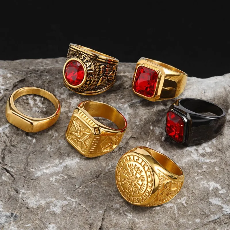 Vnox Retro Niche Rings For Men, Stainless Steel Art Carved Gemstone Inlaid Rings, Hip Hop Male Finger Casual Trendy Wear 1