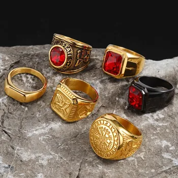 Vnox Retro Niche Rings For Men, Stainless Steel Art Carved Gemstone Inlaid Rings, Hip Hop Male Finger Casual Trendy Wear 1