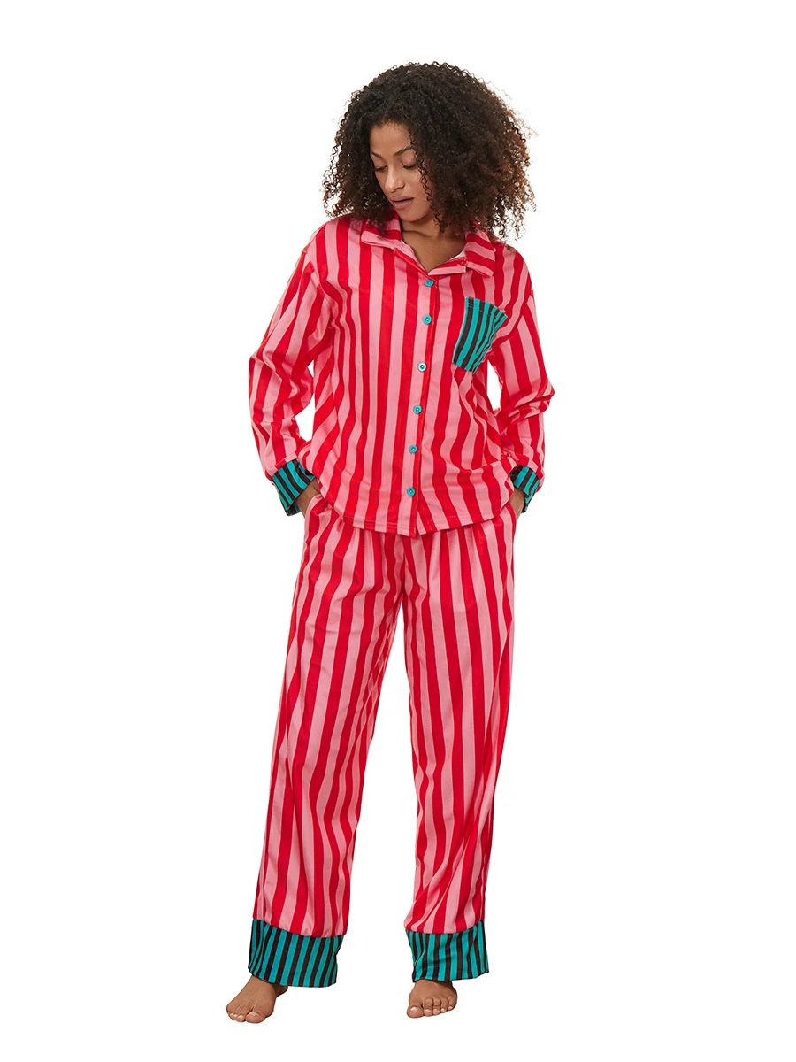 thumbnail image 1 of Conjunto de pijama navideño con estampado de rayas para mujer, blusa de manga larga con botones y cuello de solapa, pantalones largos, ropa de estar por casa de 2 piezas, pijamas, 1 of 4