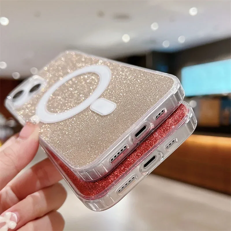 Luxury Glitter Clear Magnetic Phone Case For iPhone 15 14 Plus 13 12 11 Pro Max For Magsafe Wireless Charging Shockproof Cover