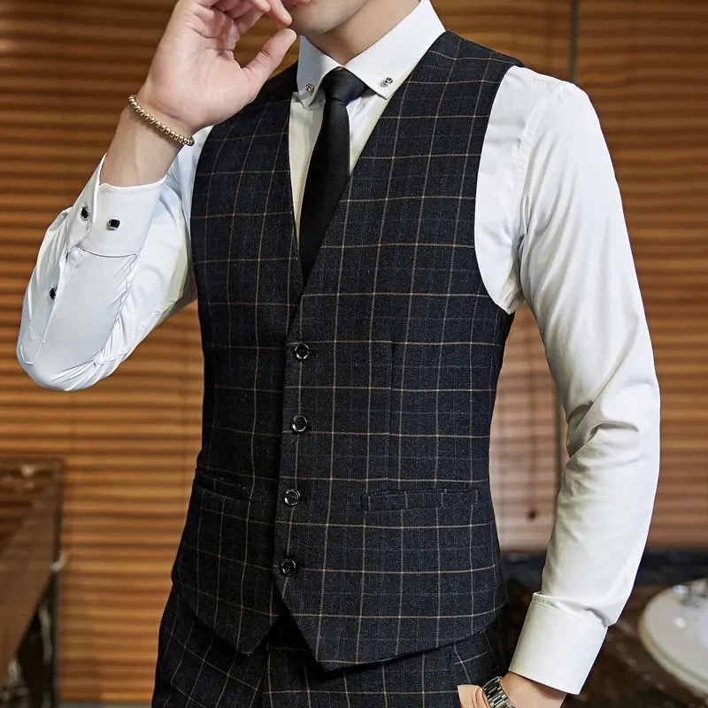 Men's Casual Business Plaid Vest Groom Wedding Dress Party Men's Casual Waist Jacket ( No Pants ) 2