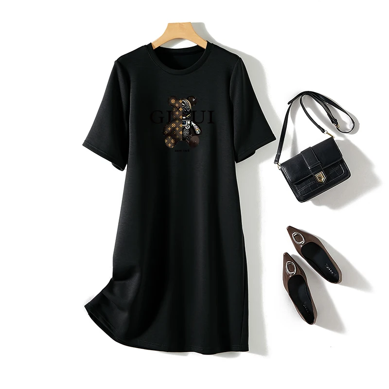 Women Cartoon Printed Tunic Office Lady Summer Cotton Short Sleeve Casual Loose O-neck Pullover Dresses 3