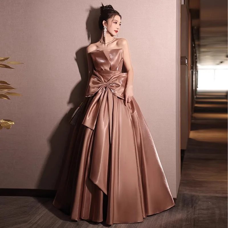 

Banquet Evening Dress Women High End Stain Strapless Fairy A-Line Long Dress Light Luxury Back Bow Quinceanera Gowns