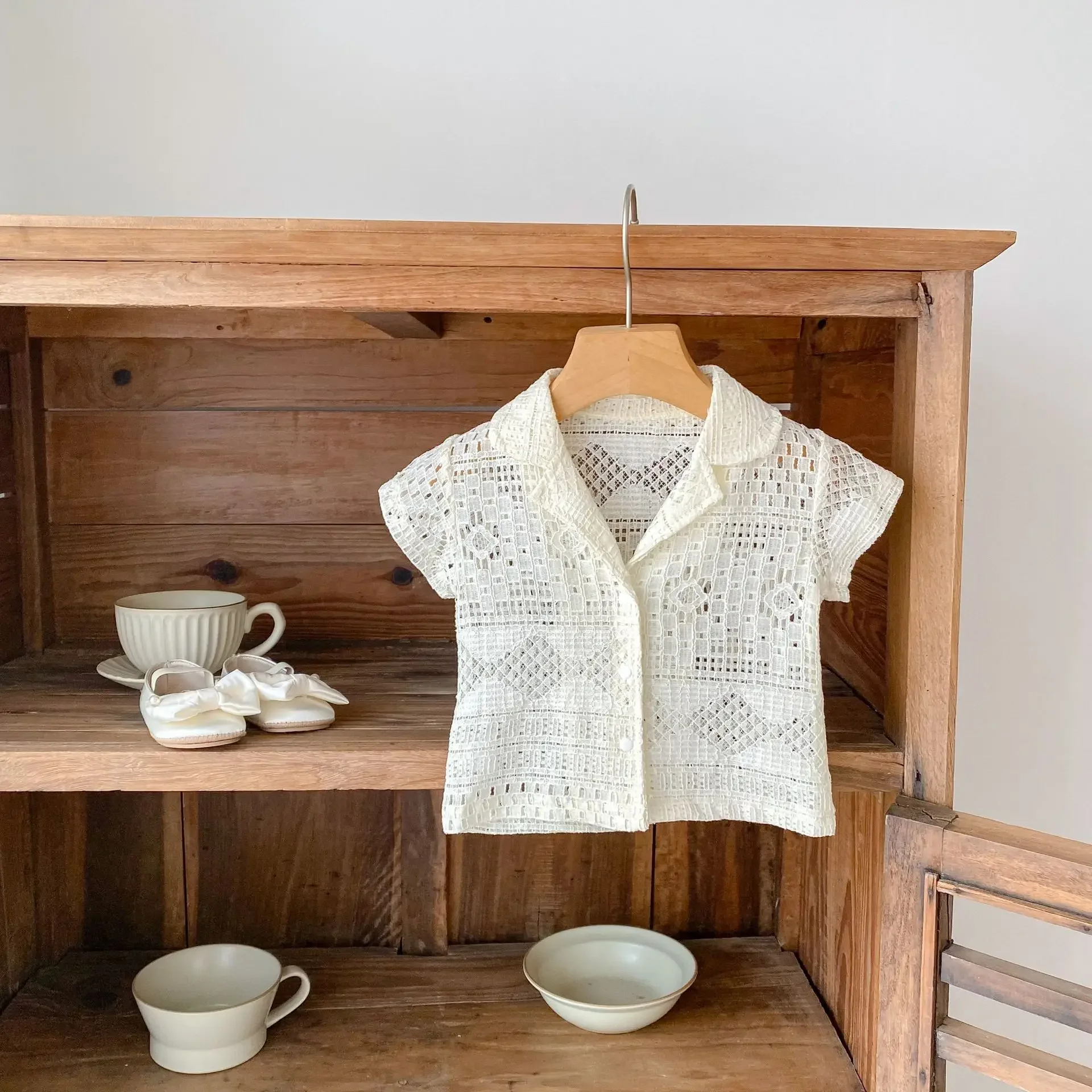 Baby and Toddler Boy/girl Summer Collar Short Sleeved Shirt Lightweight Trendy Hollow Lace Top