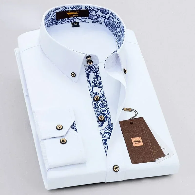 Classic Cotton Casual Shirts Men Long Sleeve Shirt for Business Blue White Porcelain Collar Dress Shirt Fashion Korean Clothing