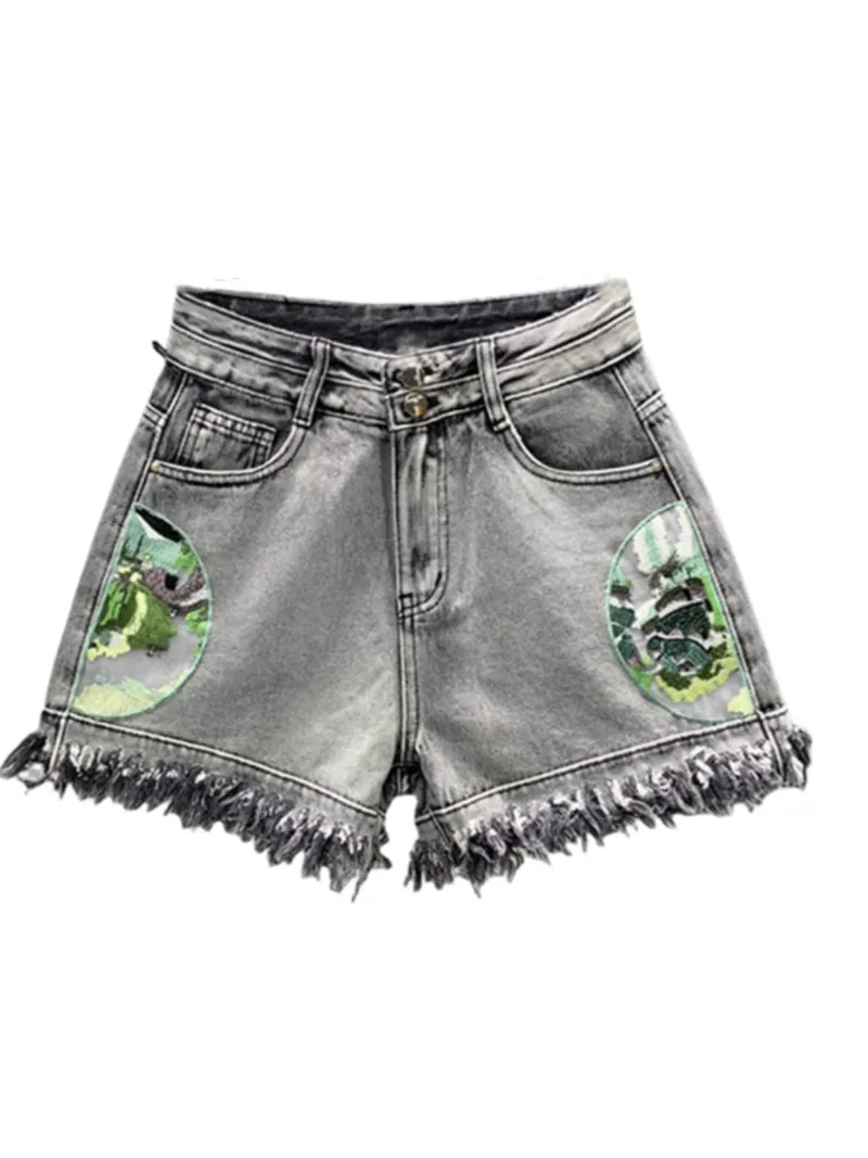 Summer 2024 New Chinese Style Embroidery Wide-Leg Denim Shorts Women's All-Match Loose Slimming A-line Zipper Tassel Booty Pants