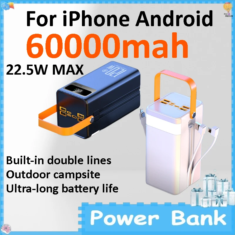 60000mAh 대용량 보조 배터리 22.5W 초고속 충전 야외 캠핑 라이브 휴대용 ..