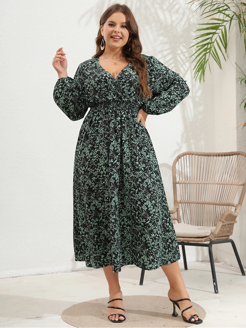 Elegant Plus Size Long Women Dress Sexy V Neck Boho Beach Dress Black Green Floral Big Size Summer Long Sleeve Dresses For Women