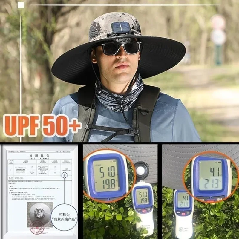 Sun Hat Men Fashion Wide Brim Solar Fan Hat UPF50+ Sun Protection with Dual Power Solar USB Adjustable Outdoor Beach Fishing Hat