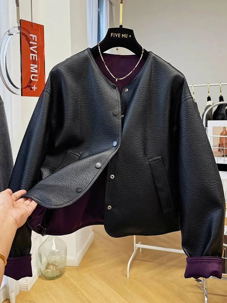 Luxury High-end Patchwork Leather Jacket Women's Spring Autumn PU Leather Coat Vintage O-neck Button Outerwear Long-sleeved Top