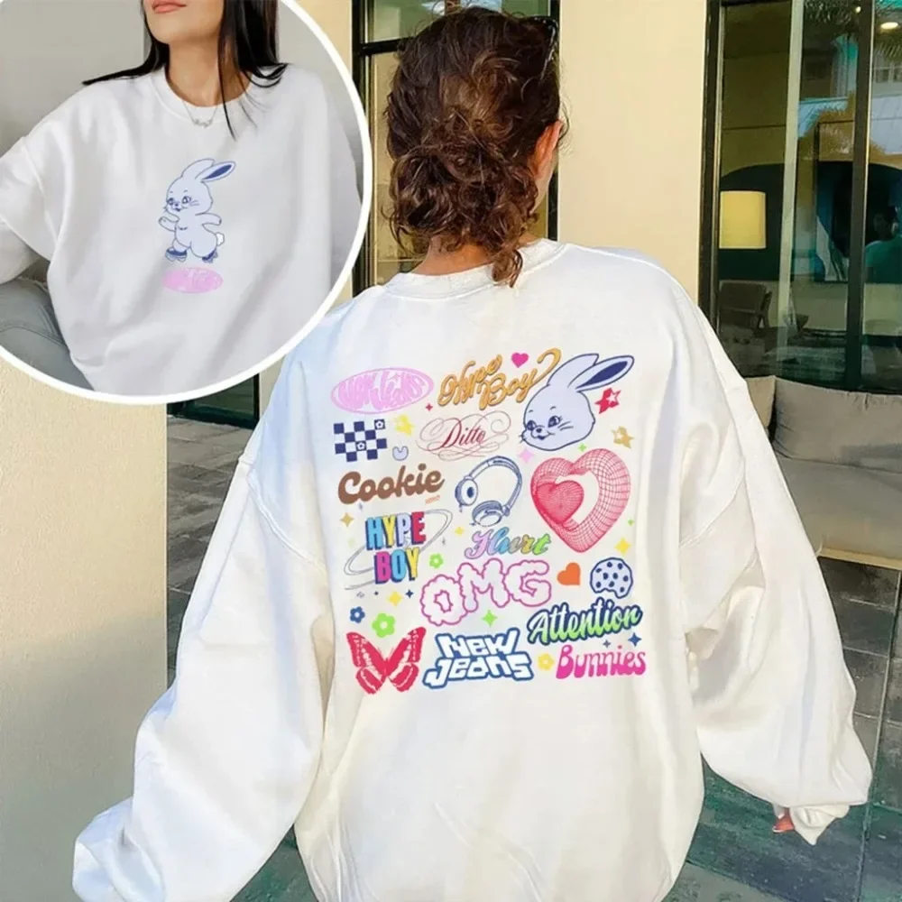 

2024 New Jeans Hoodie Women Men Autumn Sweatshirt Kpop O-Neck Sweater Sweatshirts Kawaii Anime Bunny Print Clothing