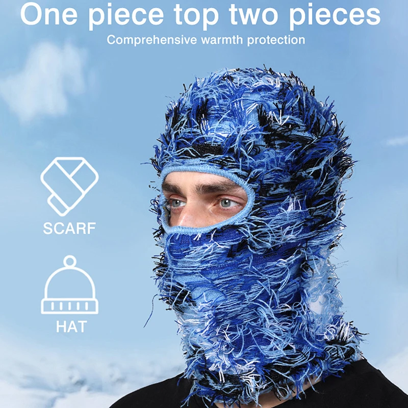 New Hip Hop Balaclava Distressed Knitted Caps Full Face Ski Mask Women Outdoor Camouflage Fuzzy Ski Balaclava Beanies Hat 6