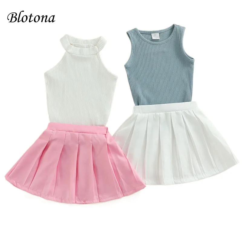 

Blotona Little Girls Two-Piece Outfits, Solid Color Sleeveless Ribbed Tank Tops + Elastic Waist Pleated A-Line Skirt, 1-6Years