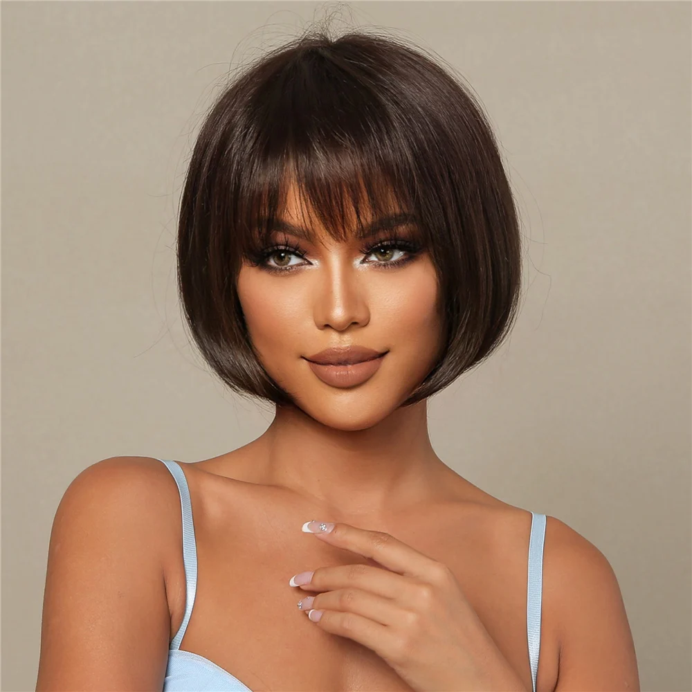 Synthetic Blend Wigs Bob Wig 30% Human Hair Blend Synthetic Fiber Women Bob Short Wigs Natural Dark Brown Straight Wig Heat Resistant Daily Use Cosplay Wig