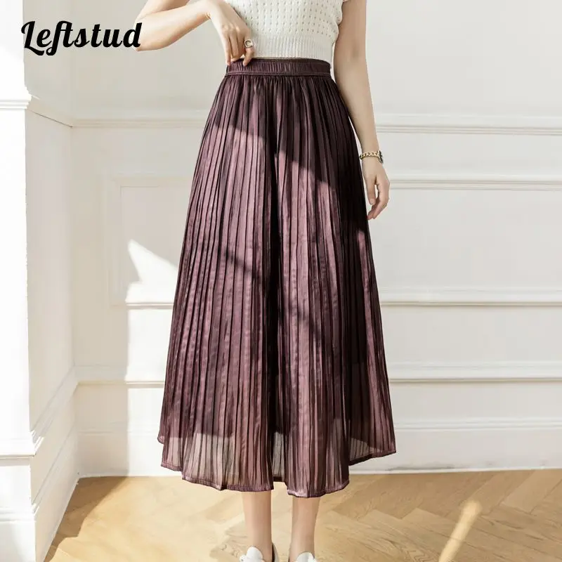 

Glossy Folds A-line Casual Soild Chic Women's Skirt Elastic High Waist Korean Fashion Elegant Mid-Calf Long Skirts For Women