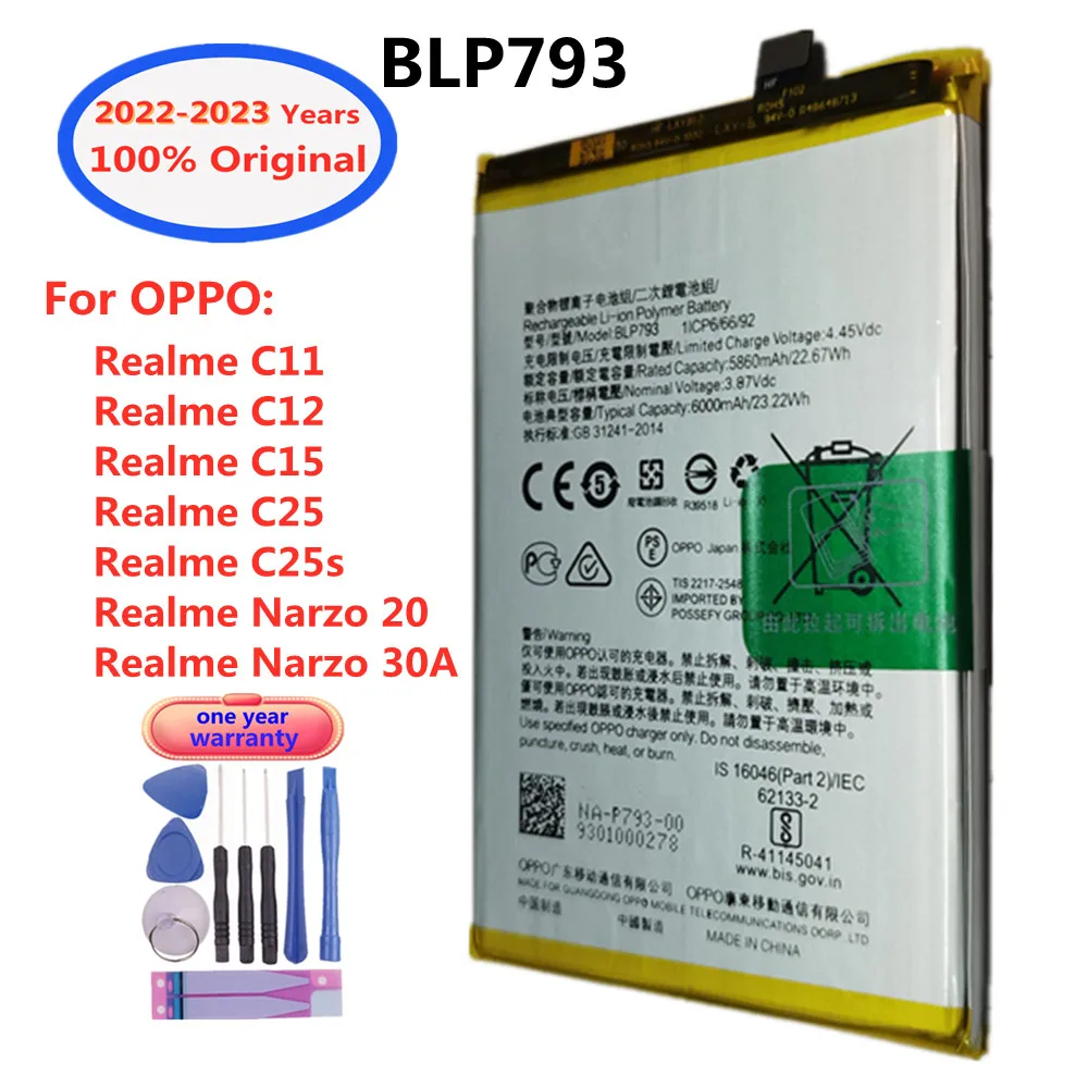Nova Bateria de Substituição Original Blp793 para Oppo Realme C11 C12 C15 C25 C25s Narzo 20 Narzo 30a Bateria do Telefone Móvel Inteligente 2023