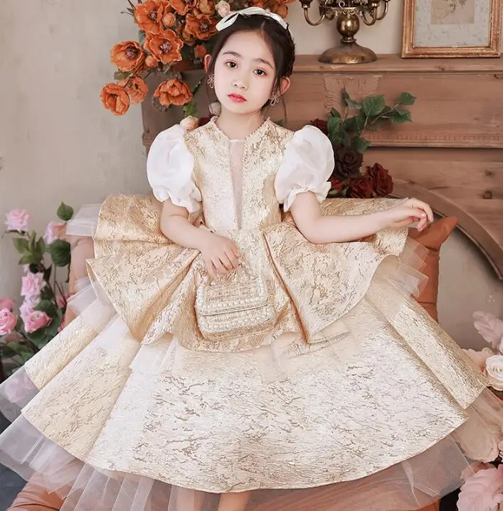 

Children Girls Jacquard Beaded Short Puff Sleeve Princess Ball Gown Kids Birthday Party Evening Performance Dresses y771