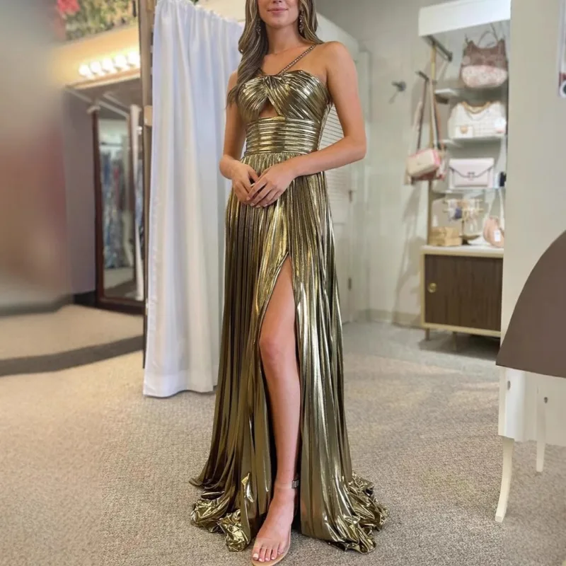 Luxuriöses Damen-Abendkleid aus Metallic, sexy, schulterfrei, Neckholder, Korsett, Gast, Cocktail, Gastgeber, Meerjungfrau, Maxikleid, Abendkleid