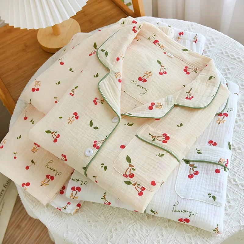 2024 Japanese New Spring and Autumn Women's Pajamas Long Sleeve Long Pants Two Piece Set of 100% Cotton Crepe Cute Home Fury