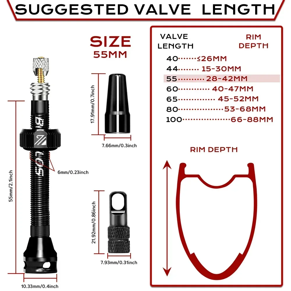 BUCKLOS Fahrrad Tubeless Ventil 40mm 44mm 55MM Fahrrad Tubeless Reifen Ventil Fahrrad Presta Ventile 60mm 65mm 80MM 100mm – Detail 12