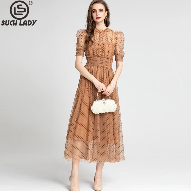 

Women's Runway Dresses O Neck Short Puff Sleeves Polka Dots Printed Fashion Designer Summer Vestidos