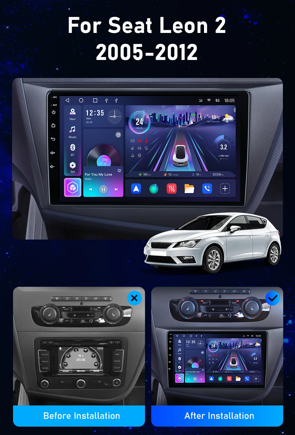 Srnubi 2 Din Autoradio Kabelloses CarPlay Android Auto GPS-Navigation Bluetooth DIY-Thema DSP EQ Für Seat Leon 2 MK2 2005 - 2012 – Detail 1