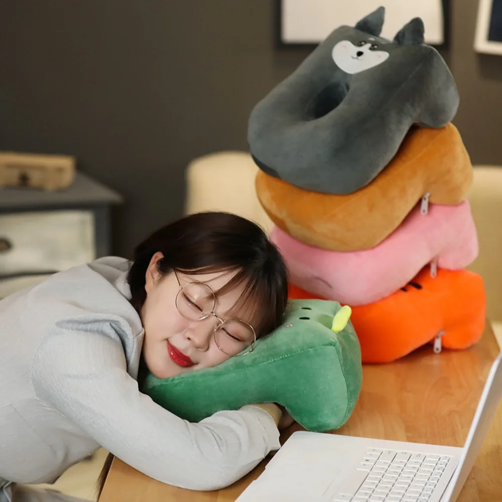 Portable Cartoon Nap Pillow Animal Pattern Hollow Hole Desk Rest Pillow Wear Resistant Soft Neck Support Office