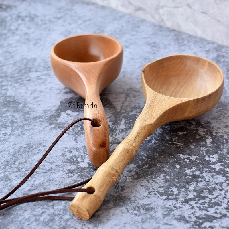 *Beech Scoop Solid Wood Short Handle Rice Scoop Water Bath Sauna Kitchen Bucket Spoon