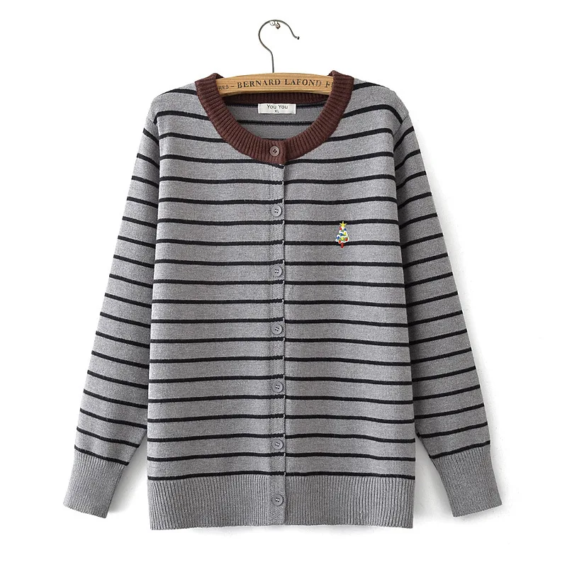 Plus Size Women's Stripe Sweater Autumn Winter Loose Fashion Embroidered Christmas Tree Knit Cardigan Crew Neck Jumpers 4080