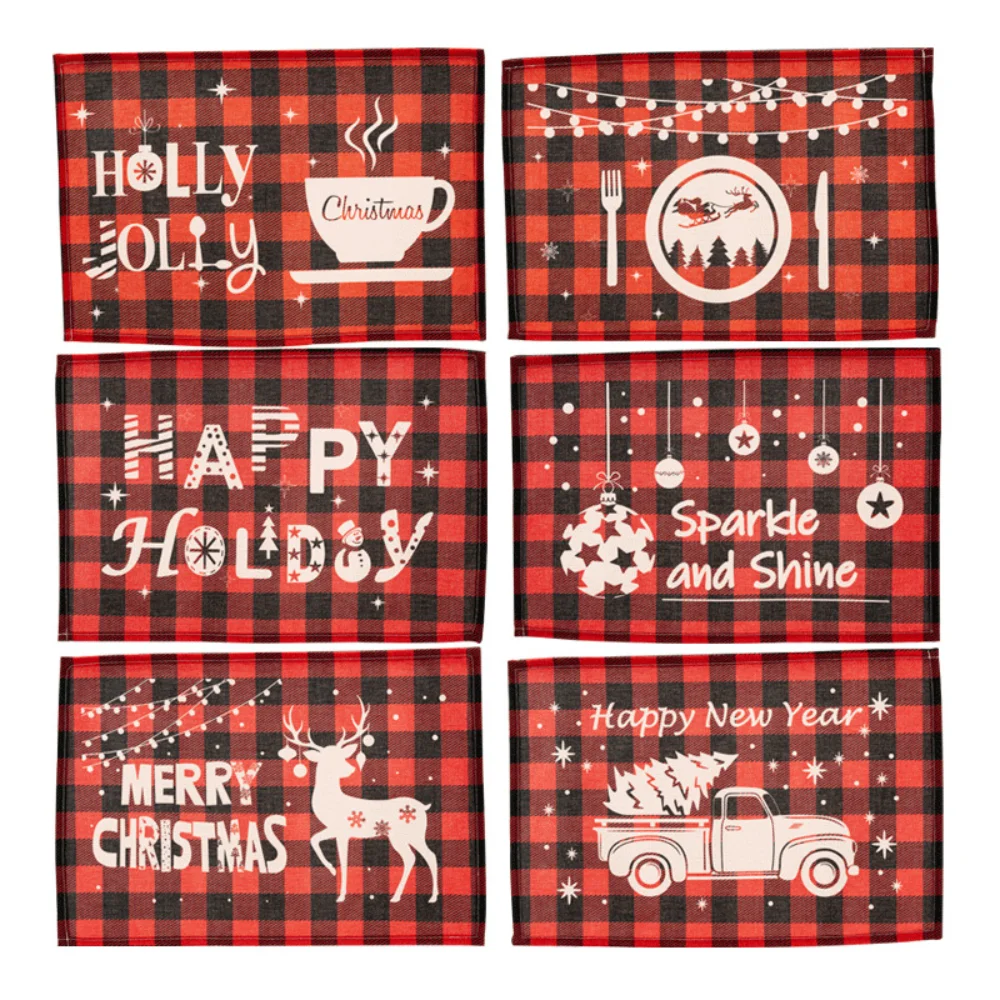 Merry Christmas Placemat Plaid Printed Decorations Tableware Pad Table Mat Napkins Xmas Tablecloth Dining Table Home Decor