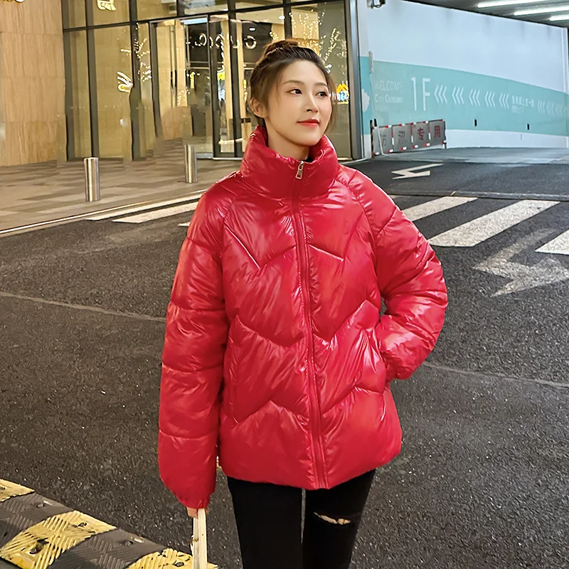 Down Cotton Jacket Women Solid Colors Stand Collar Casual Parkas Loose Zipper Long Sleeve Glossy Coat Windproof Warm Overcoat