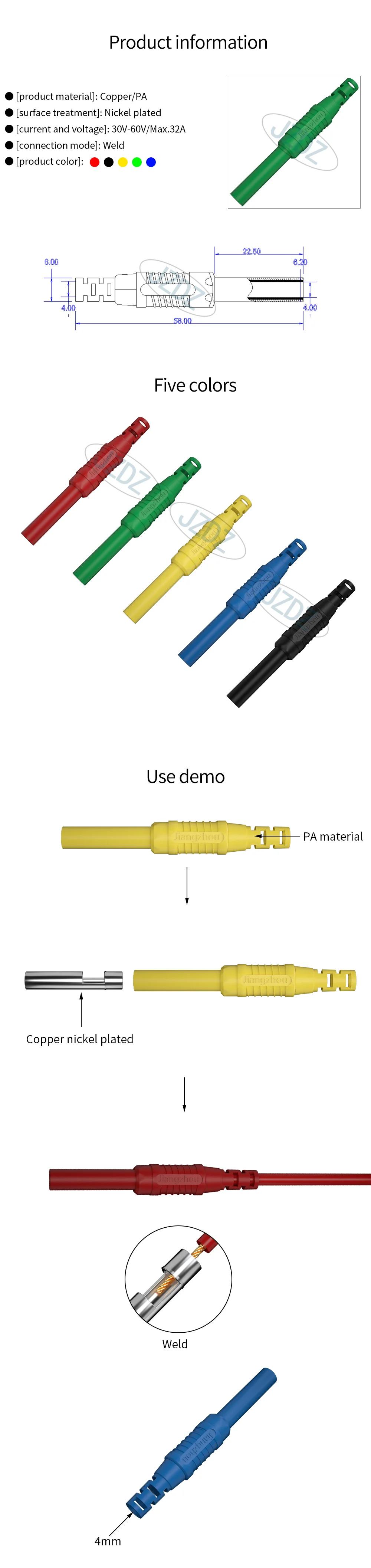 JZDZ 10 Stück 4 mm Bananenstecker Buchse Kupfer Verlängerungskabel Stecker DIY elektrischer Stecker J.10051 – Detail 1
