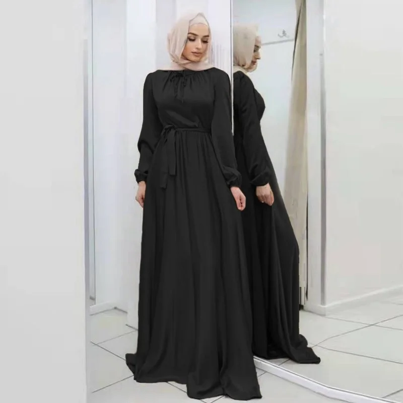 Islam Ramadan Abaya Europe and America Soft Waist Elegant Satin Robe Femme Large Swing Women's Dress Without Headscaf