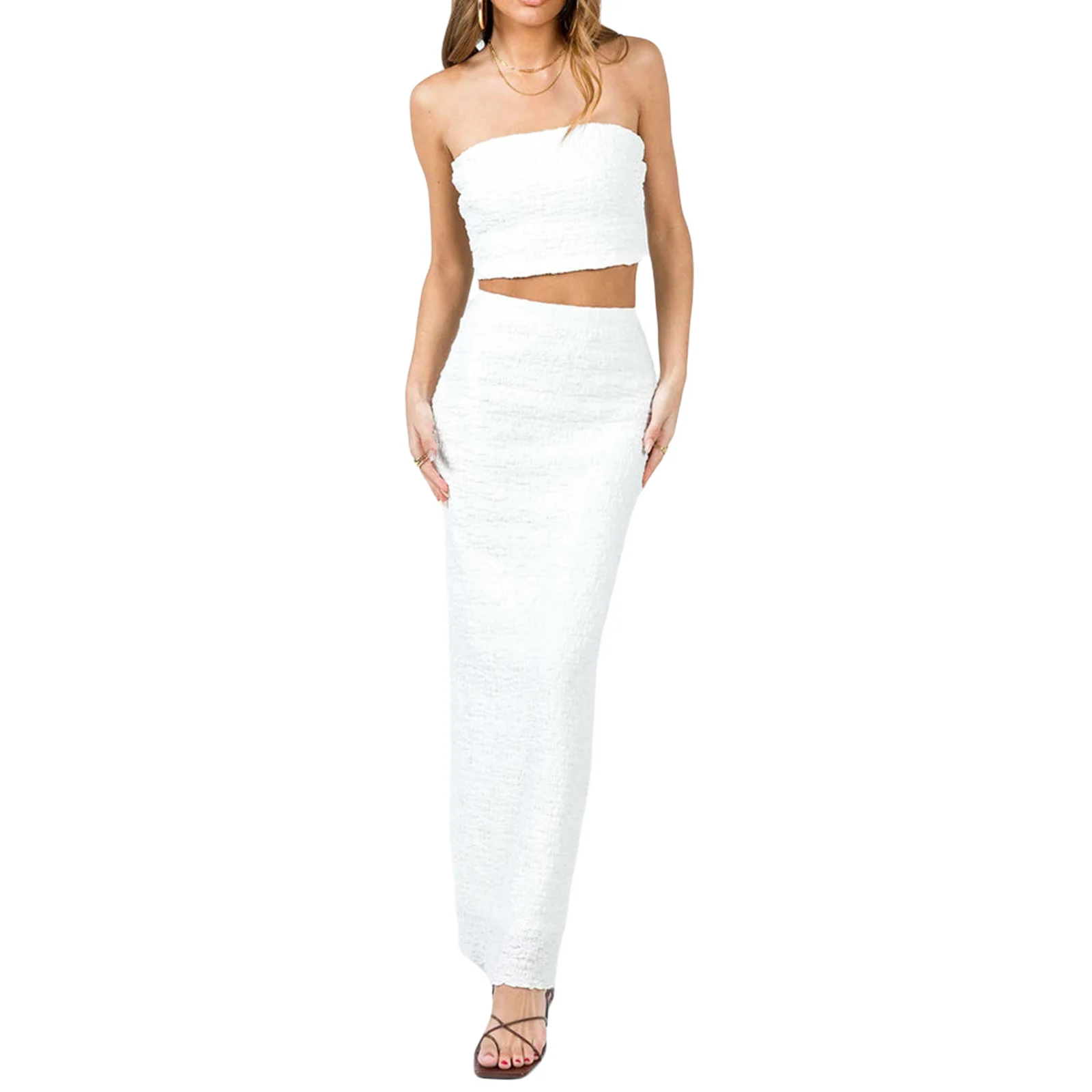 2023 New Summer Fashion Hot Sale Women Tops Skirt Set Sleeveless Off Shoulder Solid Color Crop Vest + Wrapped Long Half Dress