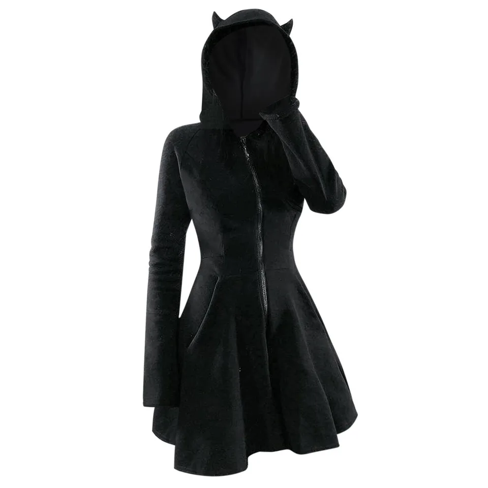 Women's Goth Slim-Fit Hooded Long-Sleeved Cute Cat-Ear Dress