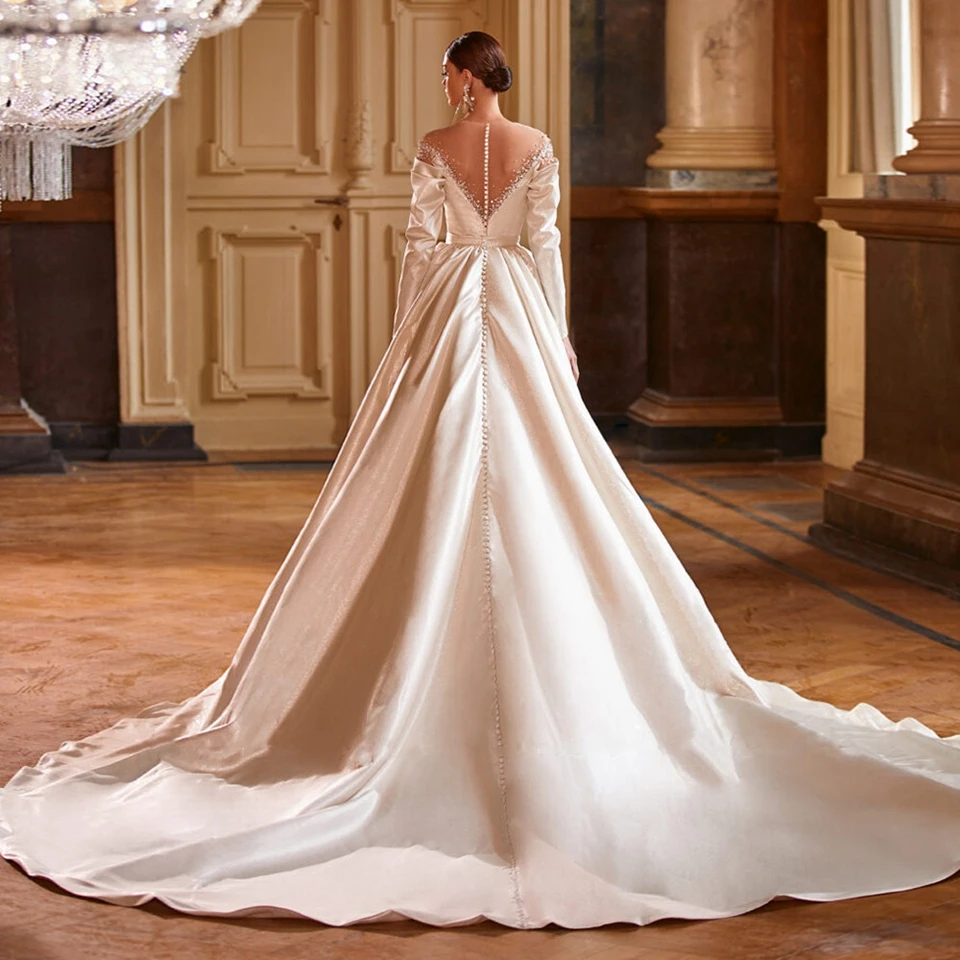 Maßgeschneiderte Elegante Langarm-Brautkleider 2026 Satin Funkelnde Perlen-Brautkleider mit Illusions-Knöpfen am Rücken Vestidos De Novia – Detail 4