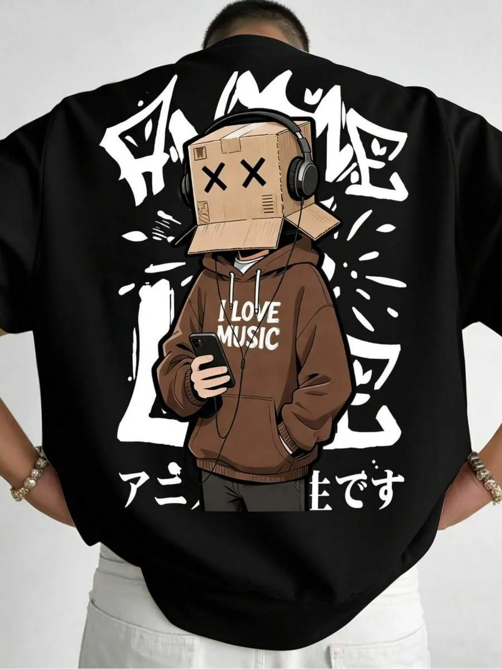 Amerikanisches Herren-Sommer-T-Shirt mit Kartonbox-Cartoon-Charakter-Buchstabendruck, mikroelastisch, atmungsaktiv, Rundhals, für Outdoor und Streetwear.