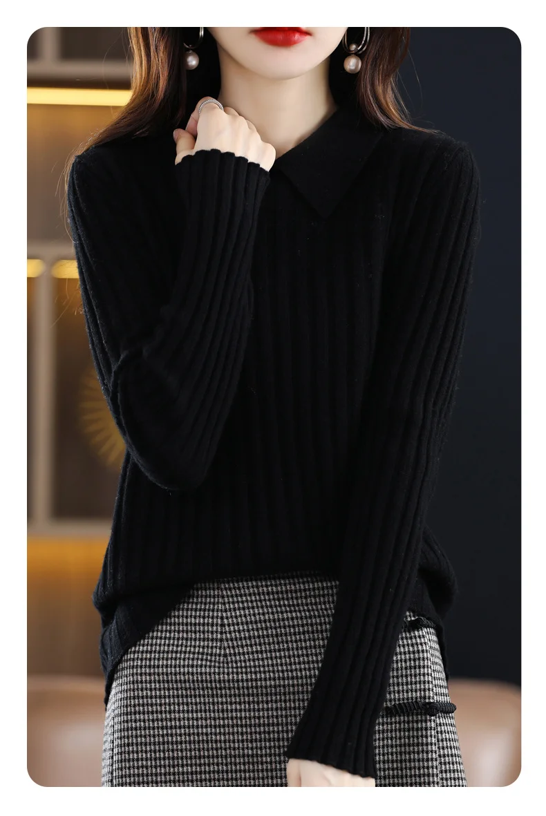 Autumn Winter New Woman 100% Wool Sweater Soft Polo Collar Vertical Stripe Pullover Casual Knitted Tops Cashmere Female Sweater