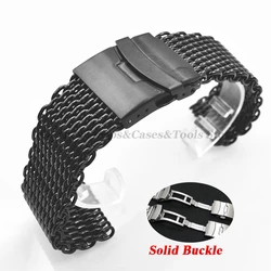 Premium Shark Mesh Solid Steel Watch Strap (4.0mm Thick) - Sport Diving Luxury Band - S (about14.9cm) (Black - Solid Buckle)