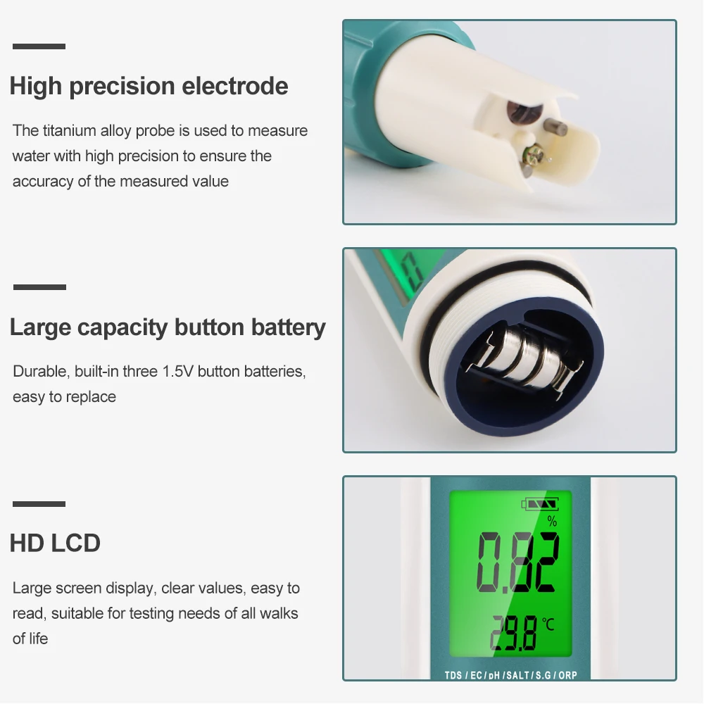Water Tester 7 in 1 PH TDS EC ORP Salinity S.G TEMP Meter Digital PH Tester C-600 Water Quality Tester for Drinking Water Aquariums