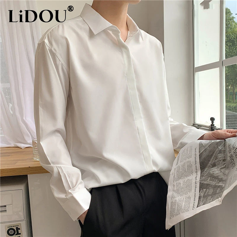 

Spring Autumn Fashion Solid Korean Handsome Male Blouse Casual All Match Gentmen Shirt Long Sleeve Top Men Streetwear Clothes