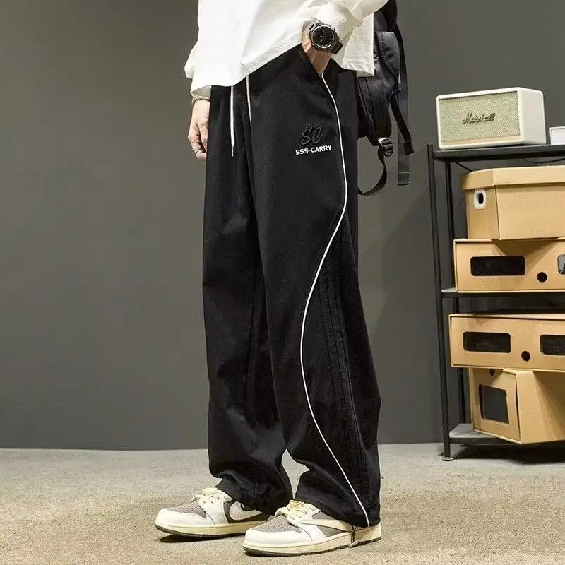 Japanese Fashion Trend Design Sense Straight Casual Pants Men Autumn Elastic Waist Drawstring Pocket Embroidered Sports Trousers