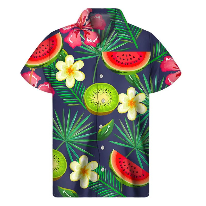thumbnail image 1 of Camisa hawaiana con estampado de sandía tropical, camisa de verano de calle de manga corta con botones y estampado 3D de frutas, ropa para hombre, blusa con solapa, 1 of 5