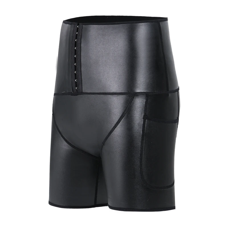 Men High Waist Fashion Fitness Slim Stretch Leather Pants Body Shaper Waist Trainer 3Hook Compression Leather Shorts with Pocket