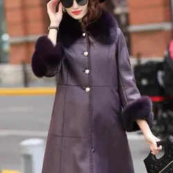 2023 haining New Rabbit Fur Coat Women's long-Length Fox Fur Collar Luxury Warm Leather Fur Coat
